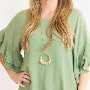 2/$30 Sage Double Ruffle Sleeve Linen Tunic Top with Frayed Hem Umgee Clothing